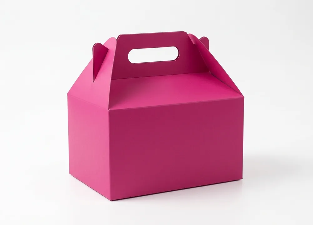 Caja de cartón rosada con asa, el empaque de un rescatico